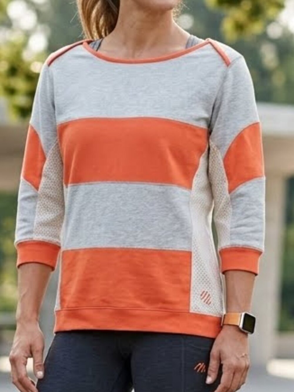 MPG Women's Thin Striped Sweater Top 3/4 Sleeves Mesh Sides Colorblock Size M